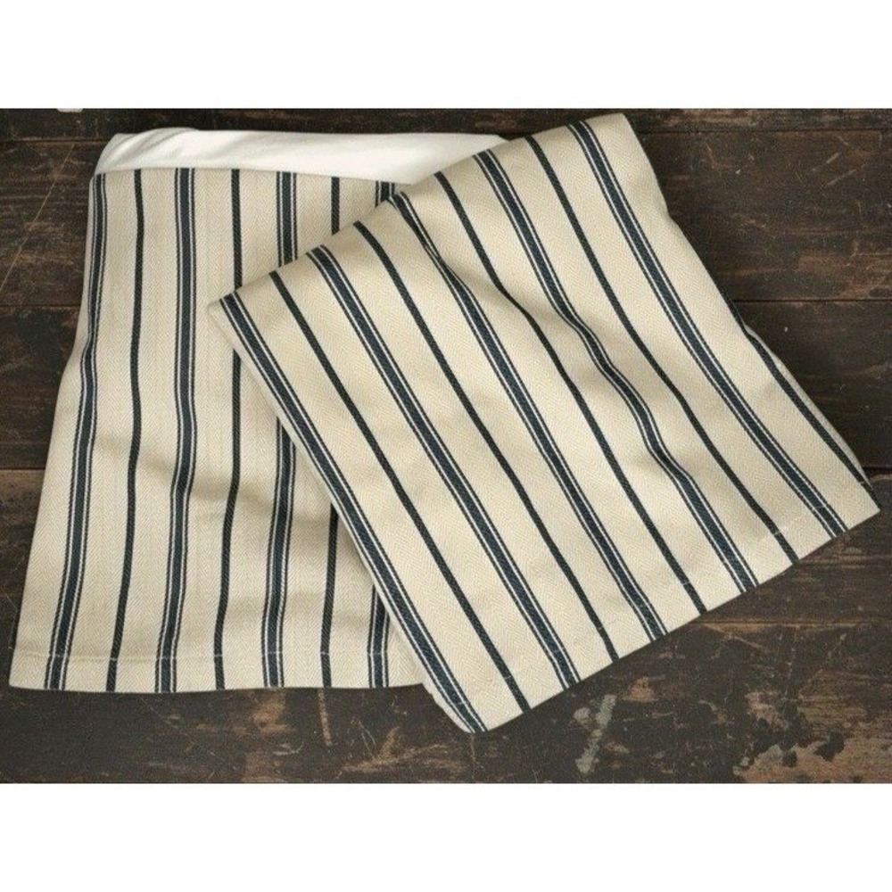 Pottery Barn Bedskirt Pair Blue Tan Striped Twin 16" Drop Farmhouse Americana